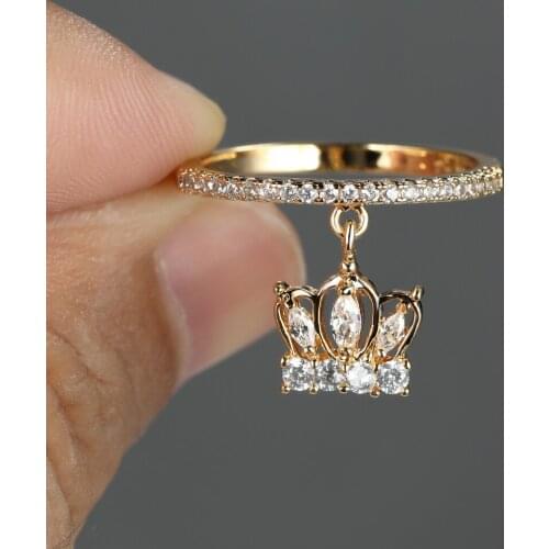 14K Gold Sparkling Crown Pendant Ring for Women Girls Stackable Thin Ring with Full White Zircon Princess Wedding Party Ring