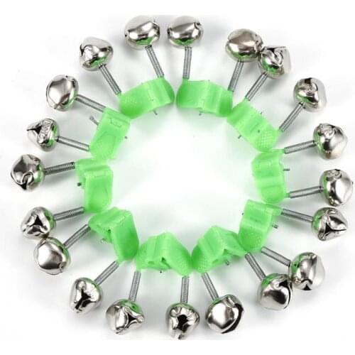 10 Pcs/lot Fishing Bite Alarms Fishing Rod Bells Rod Clamp Tip Clip Bells Ring Green ABS Fishing Accessories Metal Outdoor Tools