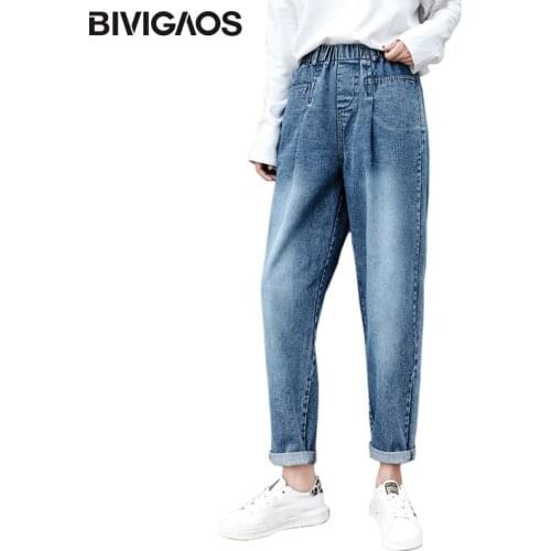 BIVIGAOS 2019 Autumn New Straight Pocket Denim Pants Cropped Jeans Tousers Loose Casual Elastic Waist Boyfriend Jeans For Women