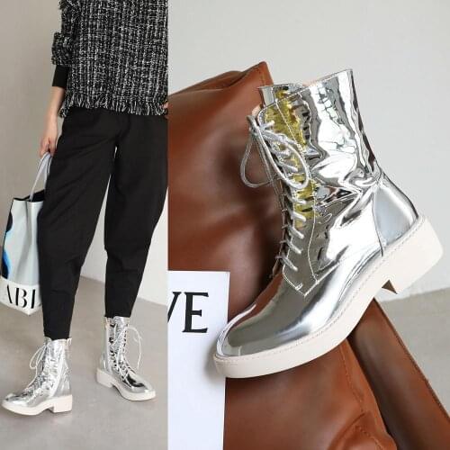 Chunky med Heels lace up Womens Ankle Motorcycle Boots Vintage Retro ladies Boots Shoes Woman size 41 42 43