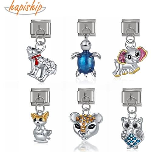 Hapiship 2021 Original Daisy Fashion Dog Fox Tortoise Owl Charm Links Fit 9mm Bracelet Stainless Steel Jewelry Making DJTop43