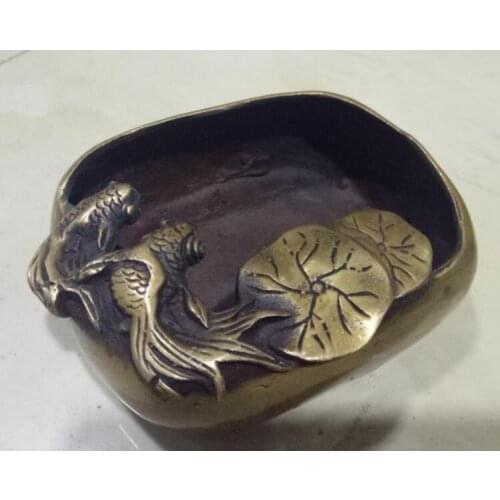 Collection,Antique Crafts,Bronze Antique Decoration Pisces Lotus Circular Pen Wash Ashtray Free Shipping