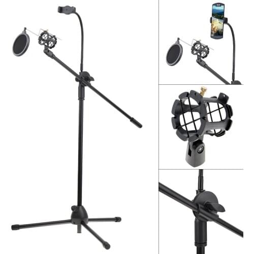 Multifunction Live Broadcast Gooseneck Cell Phone Holder Bracket Tripod with Microphone Stand/Pop Filter for Studio Vlog Video