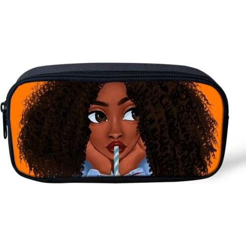 Fashion Kids Pencil Bags Black African Girls Pattern Girls Travel Cosmetic Bags Afro Arts Design Students Pen Bags