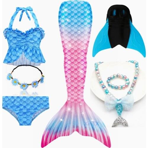 NEW 7PCS/Set Kids Girls Mermaid Tails with Fin Bikini Bathing Suit Dress for Girls With Flipper Swimsuit Necklace Garland
