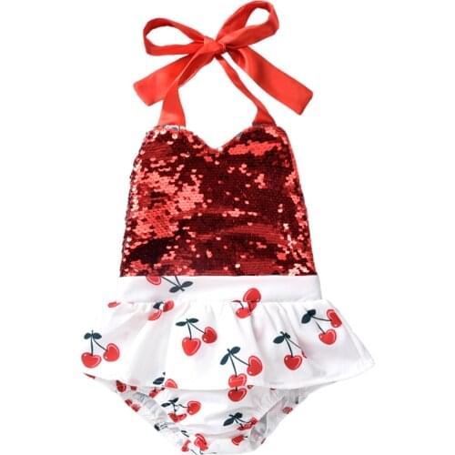 New Toddler Sleeveless Romper with Sequins, Cherry Print Little Princess Summer Clothing