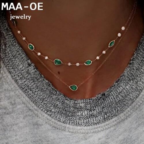 New 2020 Fashion Gold Green Water Drops Stone Pendant Necklaces For Women Necklace Multilevel Female Boho Vintage Jewelry Gift