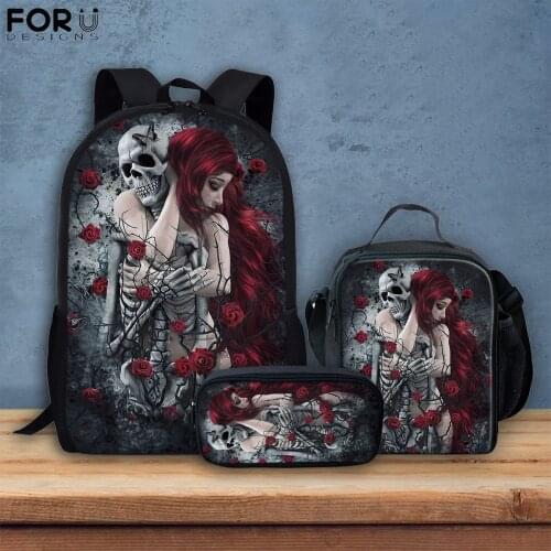 FORUDESIGNS Hot Gothic Skull Rose Pattern Children Backpacks Set for Girls Boys Large School Bags Children Keep Warm Pencil Case