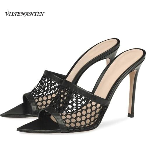Fashion Black Stitching Fishnet Sexy Stiletto Muller Sandals and Slippers Pointed Temperament Versatile High-heeled Sandals