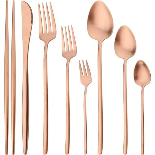 Rose Gold Cutlery Set Knife Cake Fork Spoons Chopsticks Dinnerware Set 304 Stainless Steel Silverware Kitchen Tableware Flatware