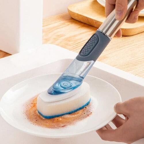 Replaceable Cleaning Brush With Refill Liquid Handle Scouring Pad Sponge Brush Dispenser Dish Scrubber Home Dishwashing Tool