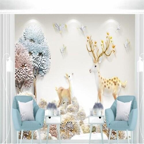 Modern minimalist Nordic relief three-dimensional money tree Elk European-style wall decorative painting Professional custom wal