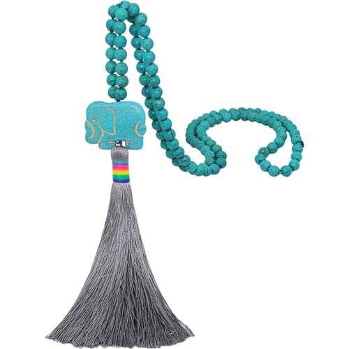 Women Boho Ethnic Jewelry Retro Synthetic Blue Turquoises Stone Elephant Tassel Pendants Necklace Sweater Chain Long Necklaces