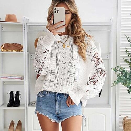 White Crochet Sweater V-neck knit sweater women scallop trim long sleeve elegant plus size sweater pullover winter