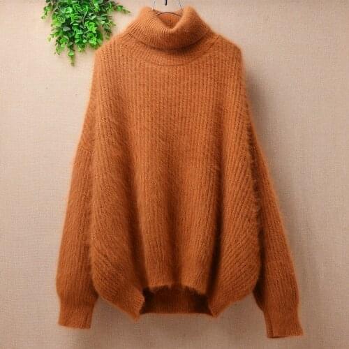 Ladies women fashion hairy mink cashmere knitted turtleneck long sleeves striped loose oversized pullover winter jumper sweater