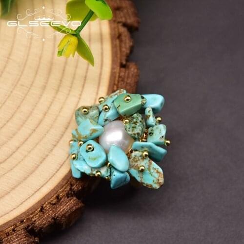 GLSEEVO Natural Turquoise Open Ring Adjustable For Women Luxury Handmade Natural Pearl Flower Jewelry GR0275