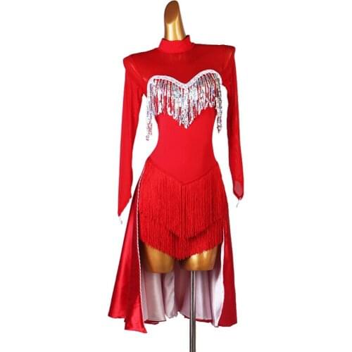 Women Latin Dance Dress Salsa Tango Chacha Ballroom Competition Black Dress Red Sequin Bullfight Dance Dress