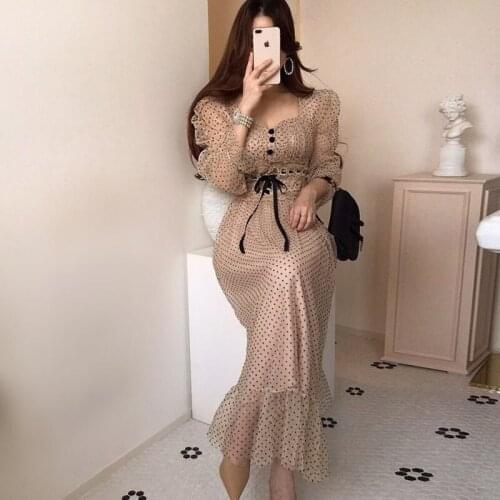 New Arrival Retro Polka Dot Print Square Collar Mesh Dress 2021 Autumn Korean Fashion Elegant Office Ladies Casual Long Dresses