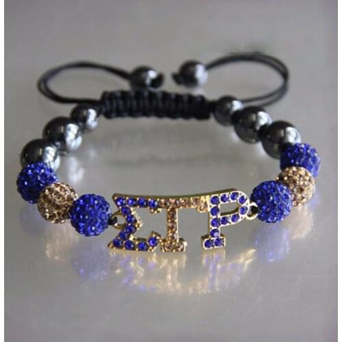 1pc Fashion Dark Blue Golden Rhinestone Bead Macrame Bracelet Greek Word Sigma Gamma Rho Connector Charm Bracelet Women Jewelry