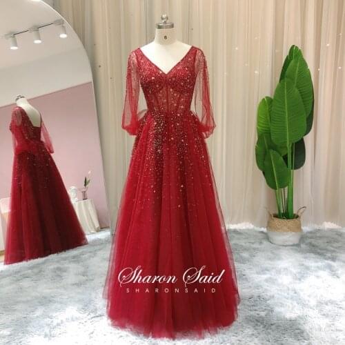 Burgundy V-Neck Arabic Evening Dress with Cap Sleeve Luxury Beaded Dubai Formal Gowns for Women Wedding Guest Bridal Party Dress