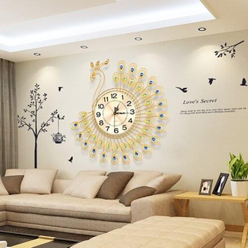 Large 3D Gold Diamond Peacock Wall Clock Metal Watch for Home Living Room Decoration DIY Clocks Crafts Ornaments Gift 53x53cm