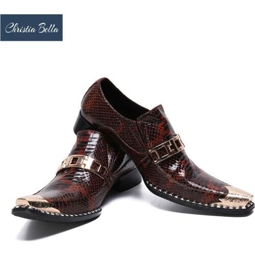 Christia Bella Fashion Snake Skin Genuine Leather Men Business Shoes Plus Size Slip On Metal Square Toe Formal Dress Men Shoes
