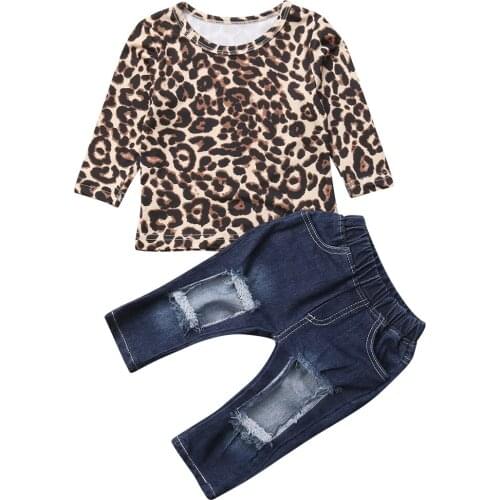 Toddler Baby Girl Leopard Long Sleeve Tops Shirt Ripped Denim Destroyed Jeans Pants Kids Clothes Outfits