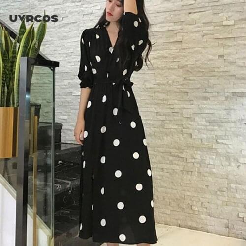 Women dot print dress Bandage V-neck Ladies Maxi Long Dresses Casual Half Sleeve Polka Dot Gothic Female Robes