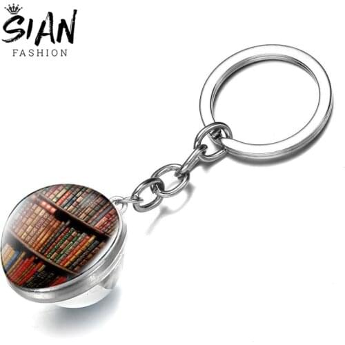 SIAN Library Book Art Double Side Keychain Vintage Style Gift for Students Teachers Library Keychain Old Books Keychain Keyrings