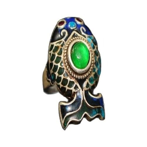 China Old Tibetan Silver Inlaid Jade Fish Lady Ring Ornament
