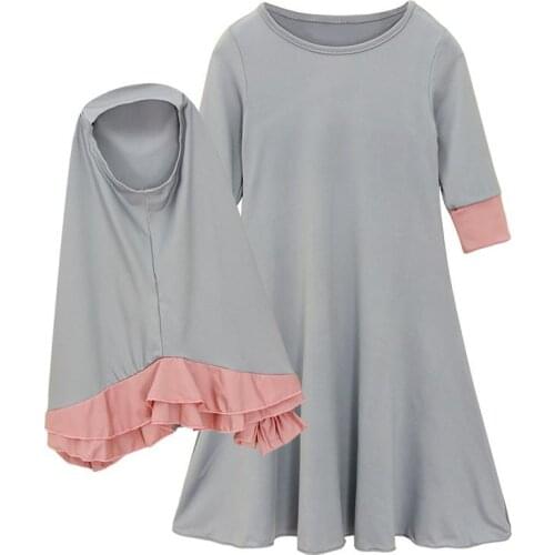 2 PCS Muslim Kids Girls Hijab+Dress Islamic Prayer Abaya Scarf Jilbab Kaftan Set Arab Middle East Clothing Solid Color Suits New