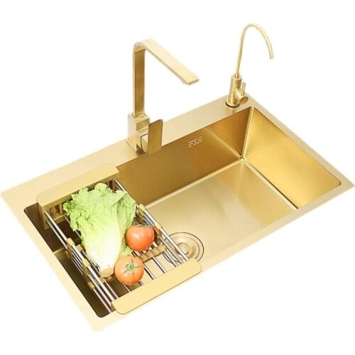Kitchen Sink Nano Gold Finish 304 Stainless Steel Handmade Sink Large Single-slot Nano Gold Table Sink Household Sink Set