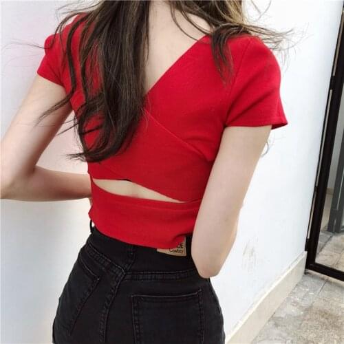 Summer Girls V-neck Solid Backless Cropped Short Sleeve Sweaters Pullovers Ladies Hollow-out Sexy Thin Crop Tops Tees JH8822