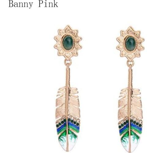 Chunky Alloy Feather Pendant Studs Earrings For Women Elegant Epoxy Rhinestone Statement Post Earrings FashionJewelry Pendientes