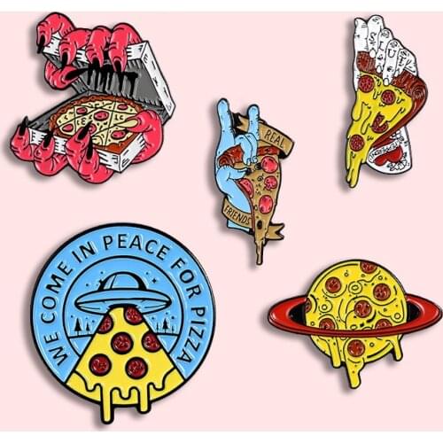 Fashion Personality Pizza Metal Enamel Brooch Creative Cartoon Pizza Planet Badge Fun Unique Lapel Backpack Jewelry Gift