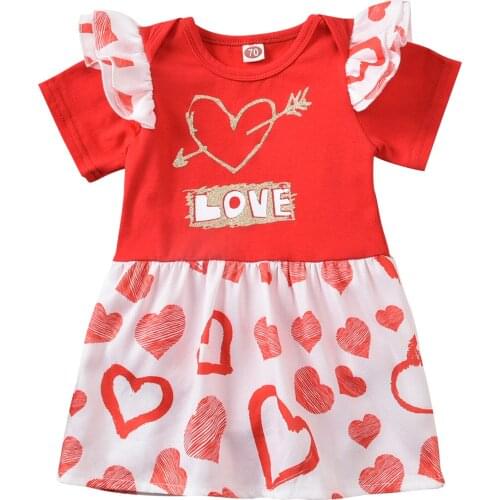 0-12 Cute Newborn Baby Girl Romper Dress Valentines Day LOVE Letter Heart Print Short Sleeve A-line Sundress Playsuit