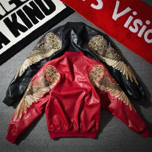 Spring and Autumn Mens New Korean Style Wings Coats Embroidered PU Leather Locomotive Personality Mens Leather Jacket Tide