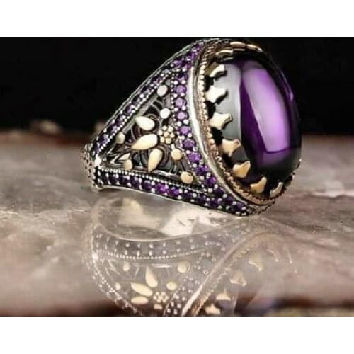 925 Sterling Silver Turkish Handmade Jewelry Amethyst Mens Ring