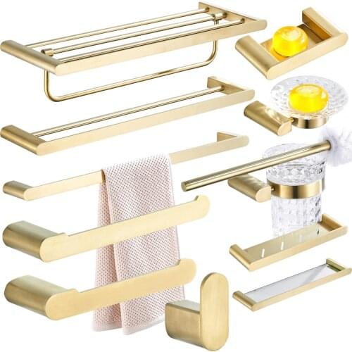 Stainless Steel Bathroom Hardware Accessories Set Wall Mounted Towel Bar Glass Shelf Toothbrush Holder Brushed Gold