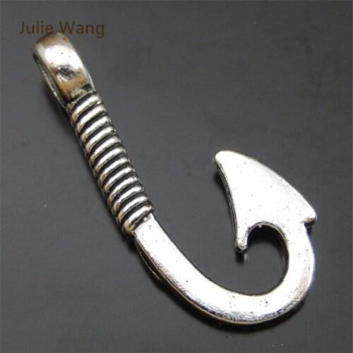 Julie Wang 25PCS Imitate Fish Hook Charms Antique Silver Color Pendants Bracelet Earring Necklace Jewelry Making Accessory