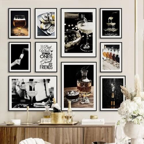 Whiskey Champagne Cocktail Oysters Wall Art Canvas Painting Nordic Posters And Prints Black White Wall Pictures For Bar Decor