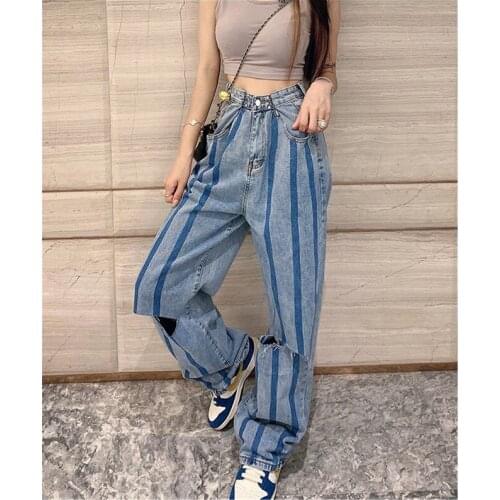 Real Shot 2021 New Fashion Womens Korean Casual High-Waisted Loose Hole Wide-Leg Jeans