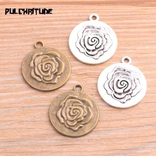 PULCHRITUDE 6pcs 22*25mm 2020 New Product Two Color Rose Flower Charms Round Plant Pendant Jewelry Metal Alloy Jewelry Marking