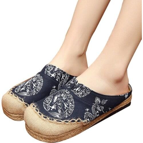 Classic men and women cloth shoes original Chinese style dragon totem linen slippers handmade cotton and linen stitching couple