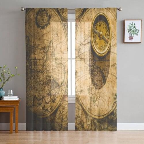Vintage Style World Map Compass Sheer Curtains for Living Room Bedroom Kitchen Chiffon Tulle Curtains Home Hotel Coffee Decor