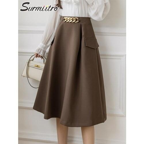 SURMIITRO 2021 Fashion Autumn Winter Midi Skirt Women Korean Style Lady Office OL Mid-Length High Waist A Line Skirt Female