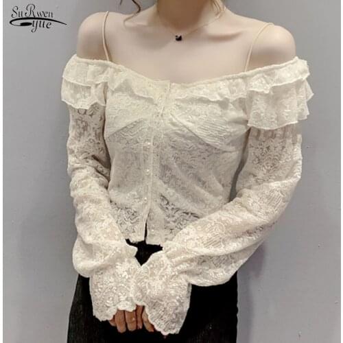 2021 Spring Solid Lace Women Blouse Trumpet Sleeves One-way Neck Ladies Shirt Slim Elegant Female Tops Women Clothes Blusa 15833