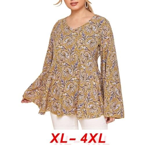 Autumn Women Long Sleeve Shirts 2020 Bohemian Print Retro Chiffon Shirt V-Neck Ruffles Loose Plus Size Blouse
