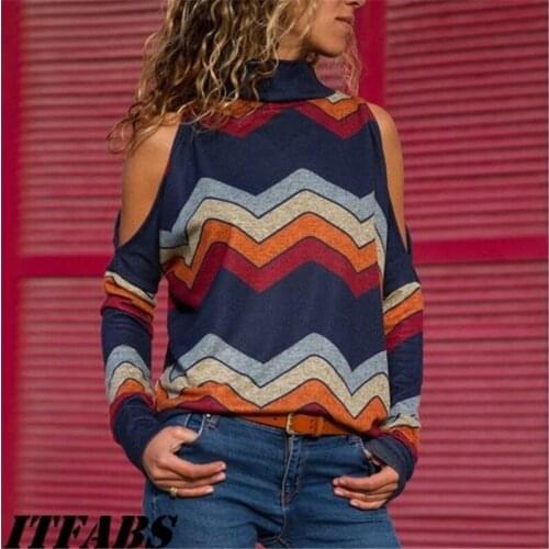 2020 Spring New Women Fashion Long Sleeve Turtleneck Striped Printing Knitted Tops T-shirt Casual Tee Shirt Blusas Plus Size