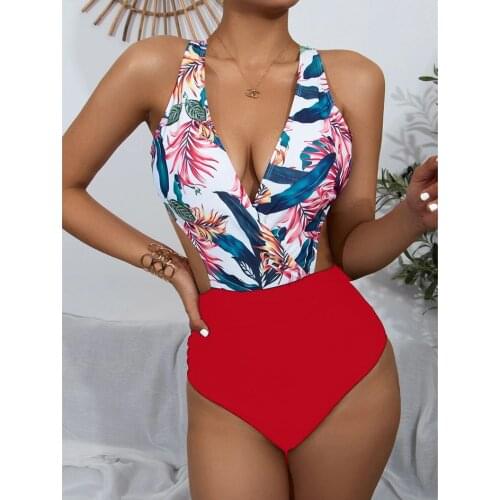 Sexy Halter One Piece Swimsuit Women 2021 Swimwear Female High Waist Bikini Patchwork Swimming for Bathing Suit Womens Monokini